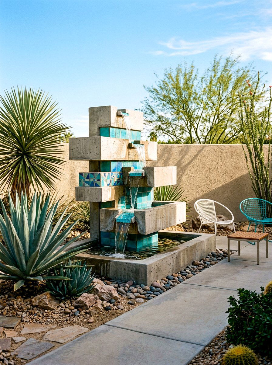 Mid century modern fountain - 30 courtyard fountain garden ideas