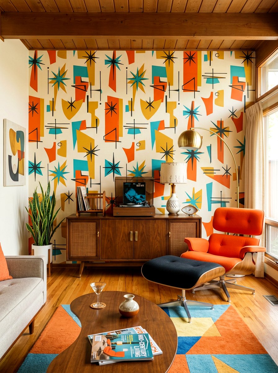 Mid century modern wallpaper den - 30 wallpaper accent wall ideas