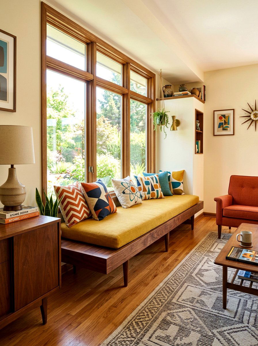 Mid century modern window seat - 30 bay window seating living room ideas