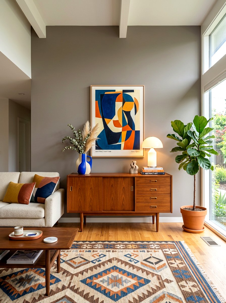 Mid century modern wood cabinet gray wall - 30 warm gray and wood living room ideas