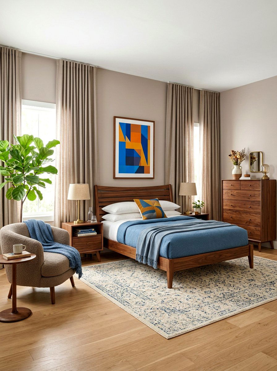 Mid century walnut furniture in taupe room - 30 taupe and walnut bedroom ideas