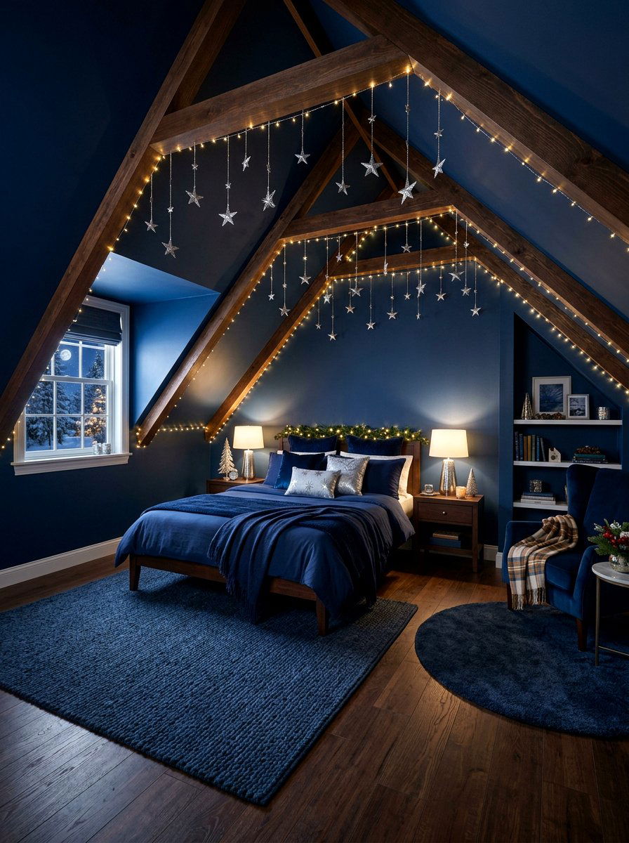 Midnight Blue Attic Bedroom Retreat - 30 jewel tone holiday decor ideas