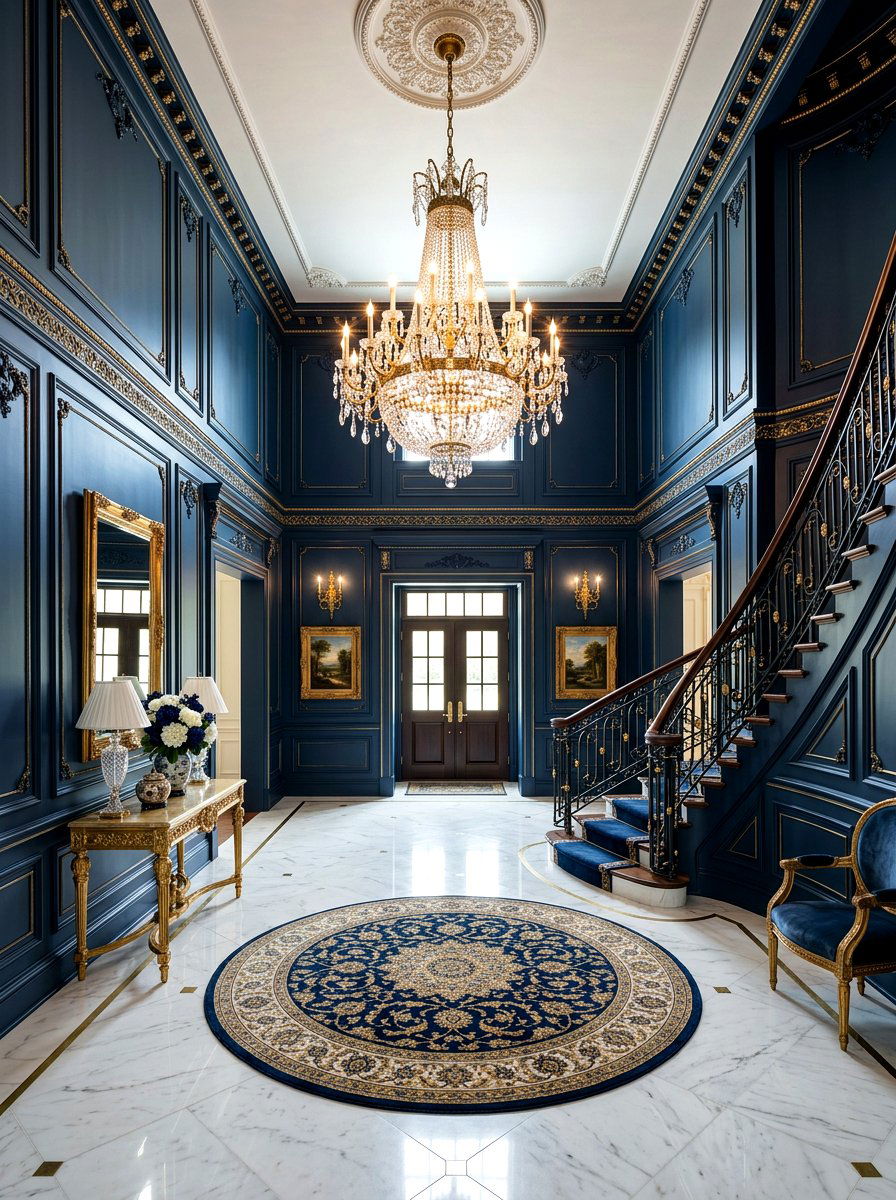 Midnight Blue Formal Foyer - 30 trim drenched foyer ideas