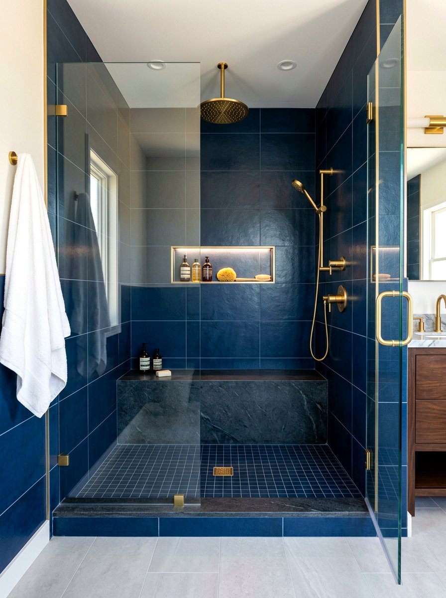 Midnight Blue Tiled Shower - 30 blue bathroom ideas