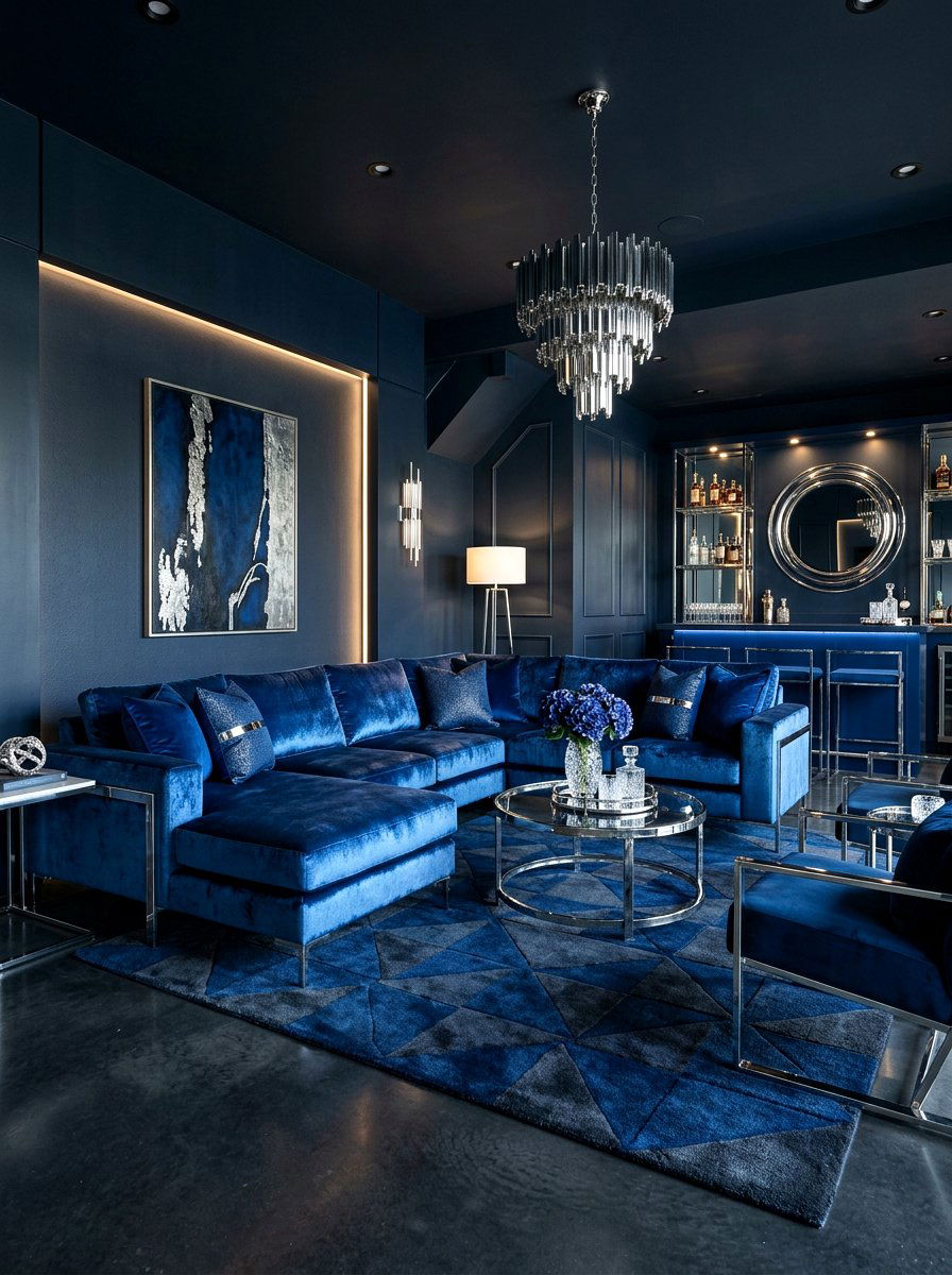Midnight Blue Velvet Lounge - 30 moody lounge room ideas