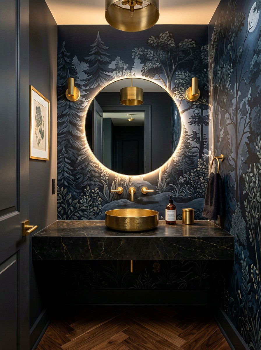 Midnight Moody Forest Mural - 30 landscape mural powder room ideas