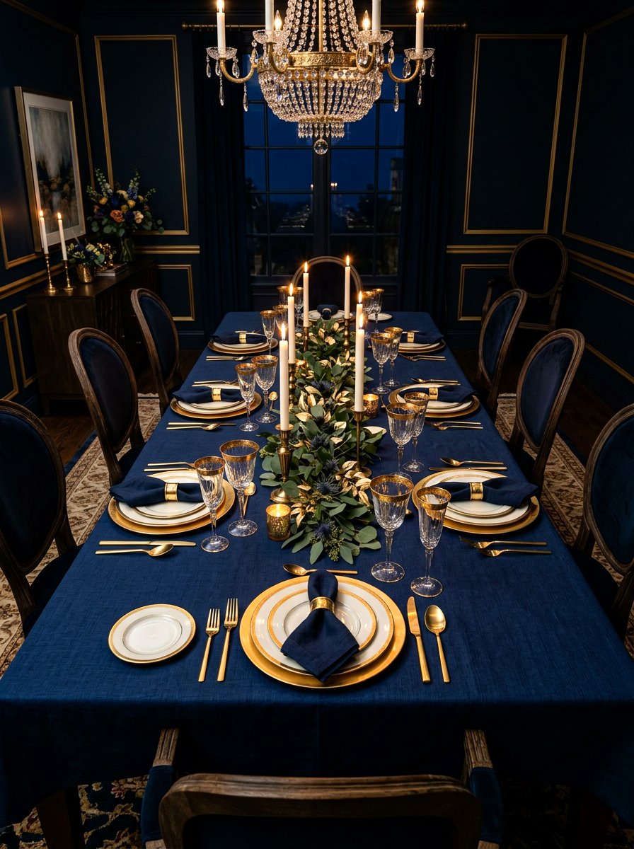 Midnight blue setting - 30 New Year brunch table ideas