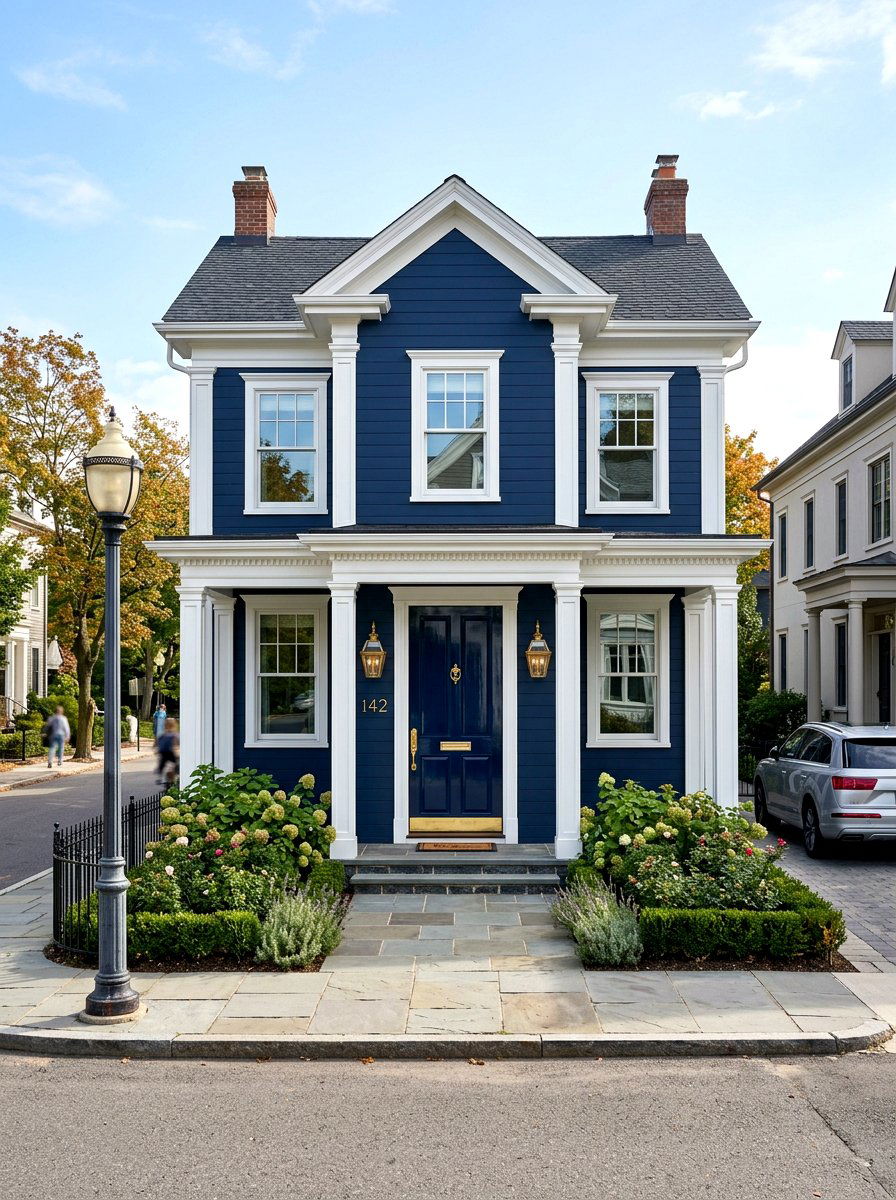 Midnight navy golden hardware - 30 blue house exterior ideas