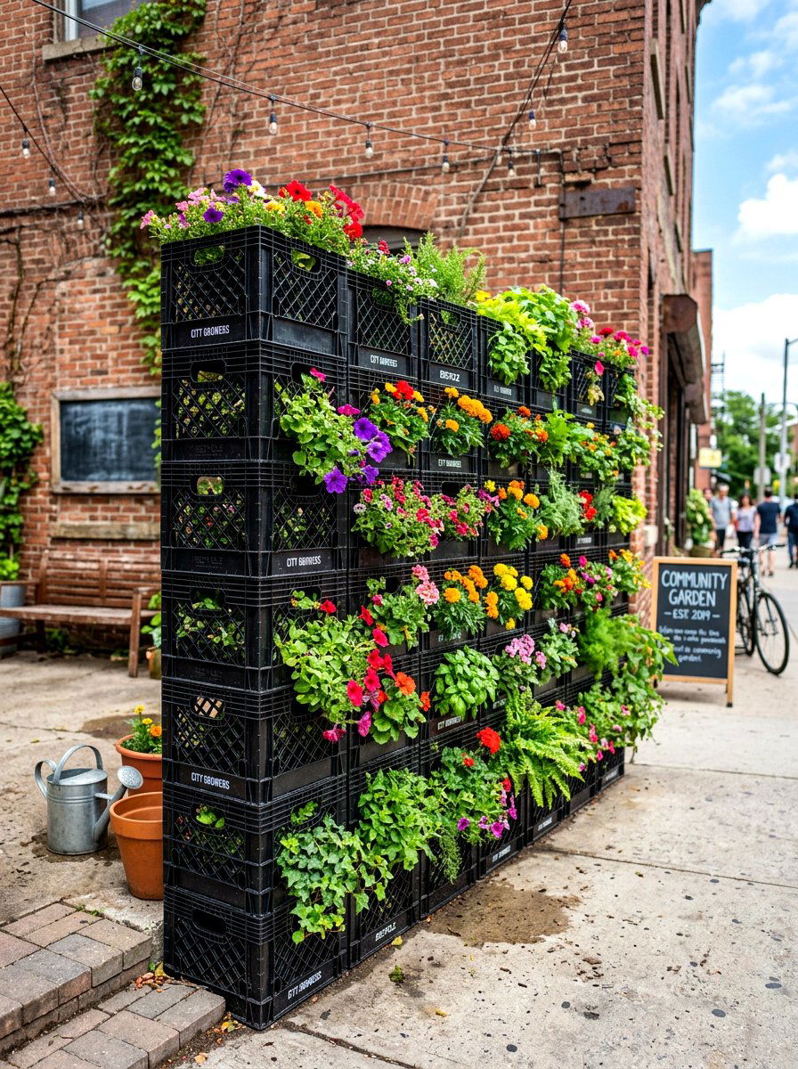 Milk Crate Wall - 30 budget vertical garden ideas