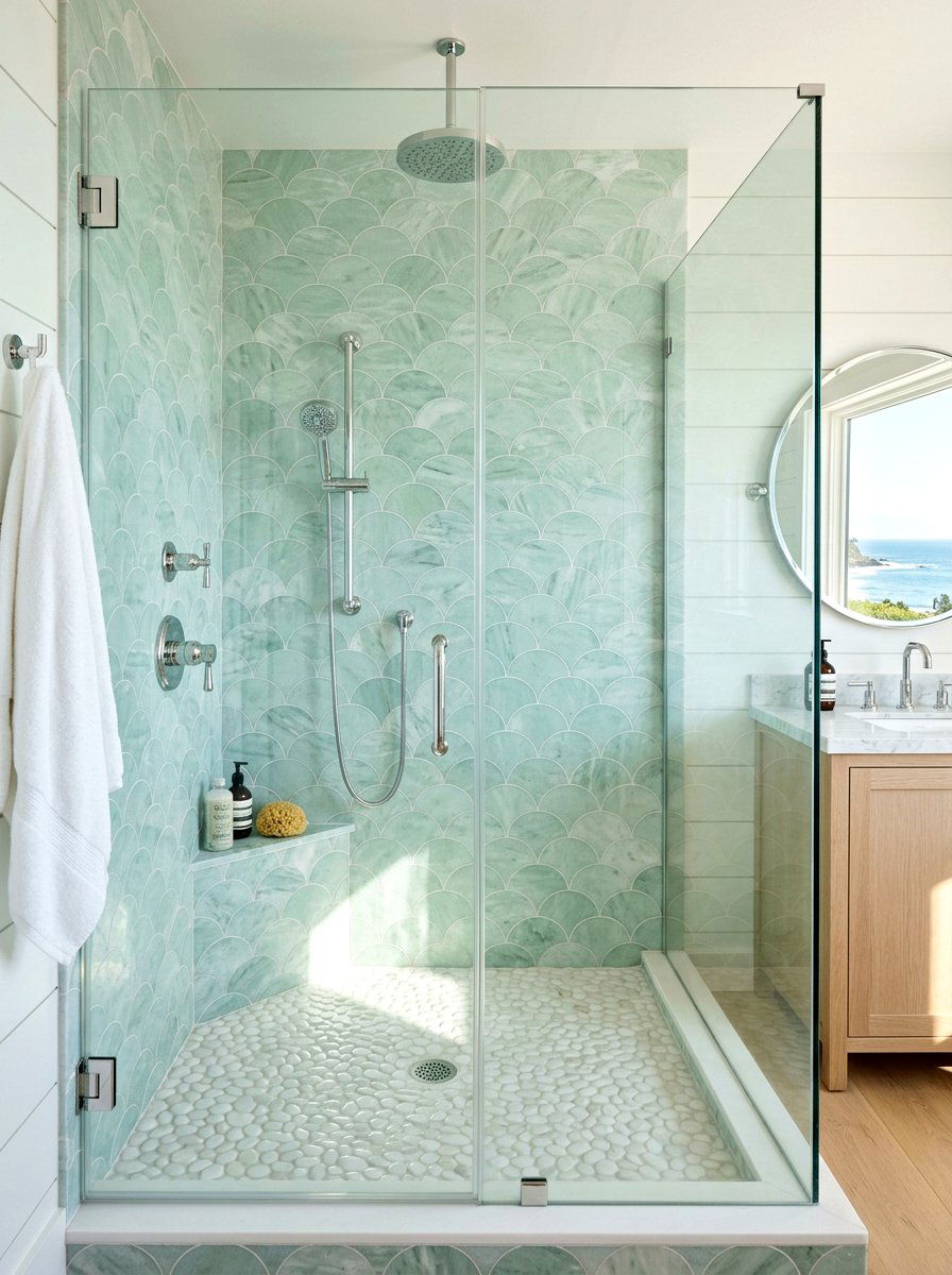 Ming Green Scalloped Shower Wall - 30 marble mosaic bathroom ideas