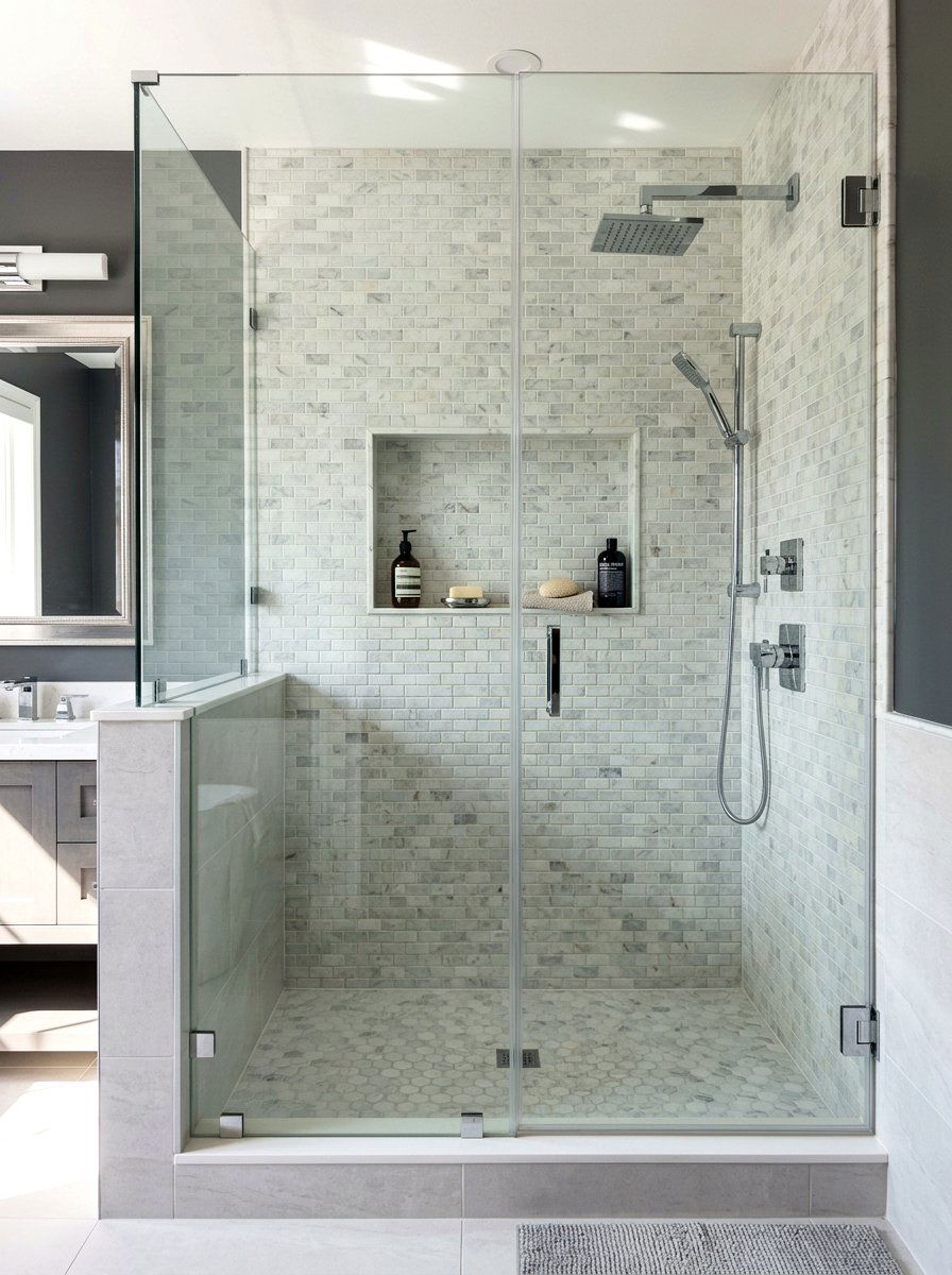 Mini Brick Marble Subway Shower - 30 marble mosaic bathroom ideas