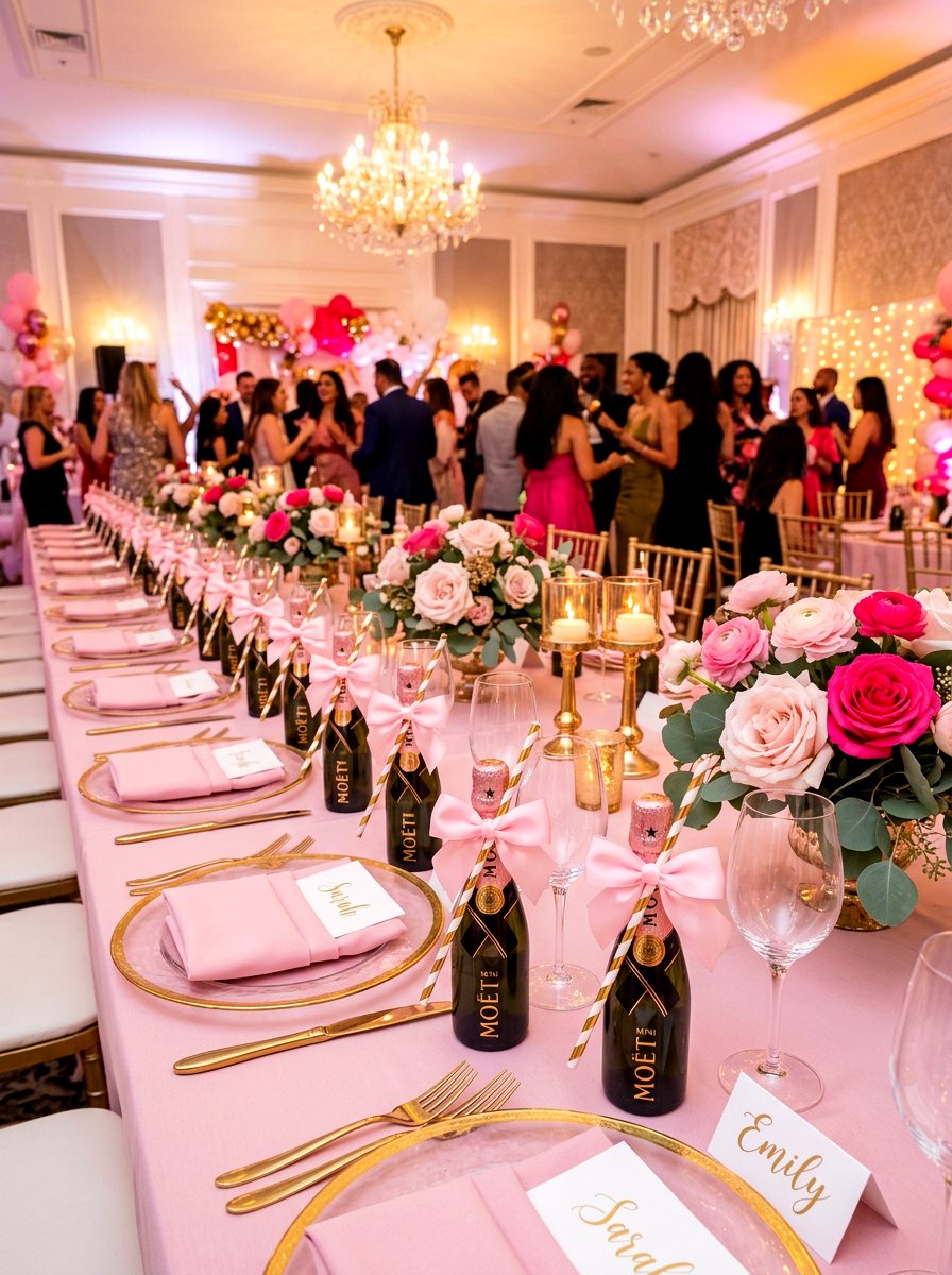 Mini Champagne Bottle Favors - 30 Galentine table decor ideas
