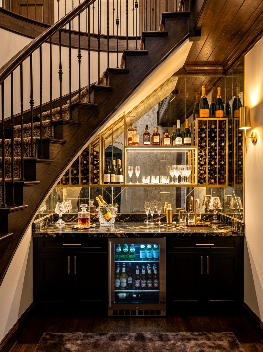 Mini bar under stairs - 30 stair nook decor ideas