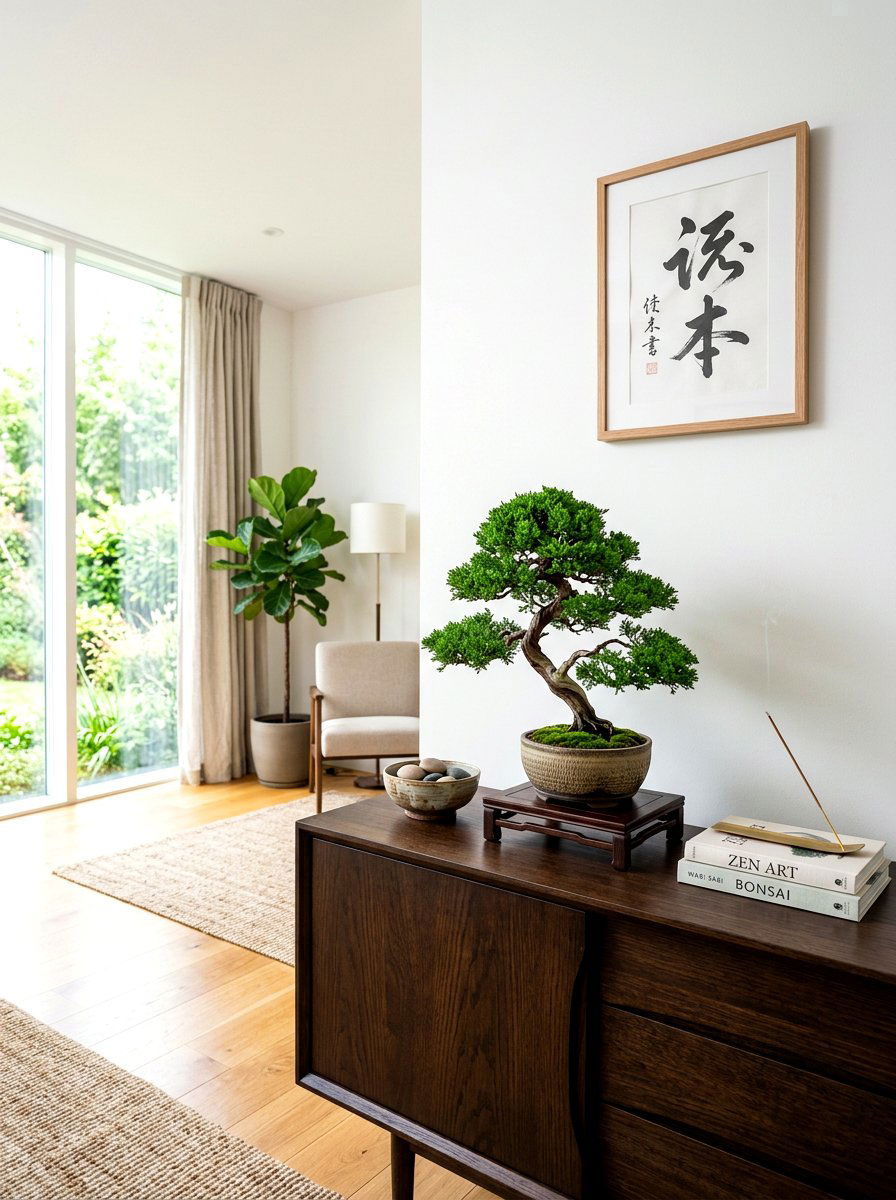 Mini bonsai sideboard - 30 indoor plant decor ideas