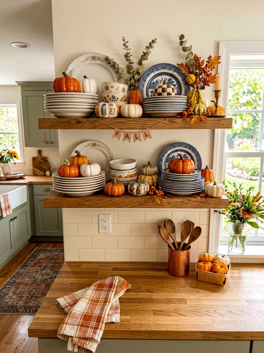 Mini pumpkin shelf styling - 30 fall kitchen shelf decor ideas