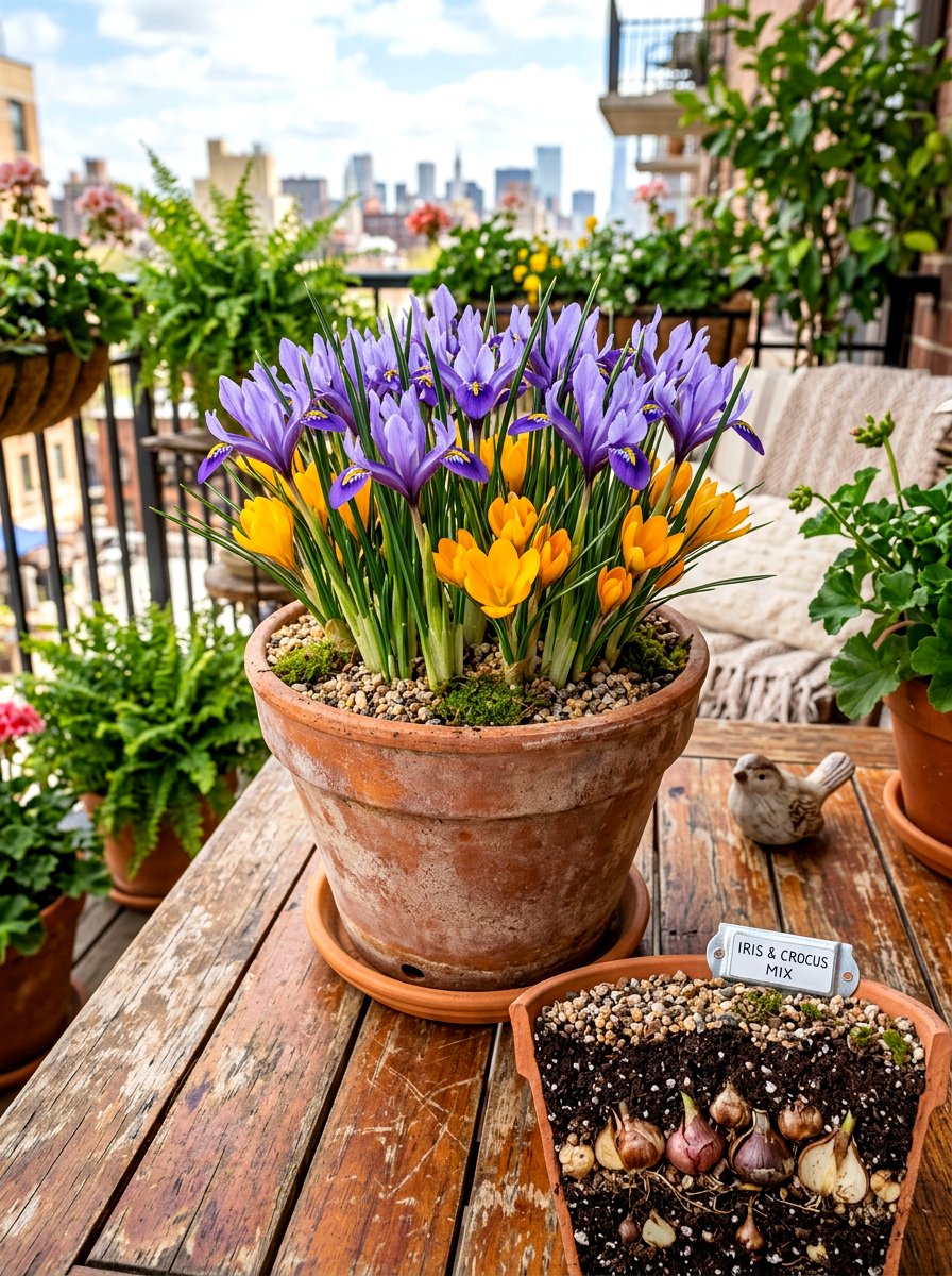 Miniature iris and crocus pot - 30 bulb layer planting ideas