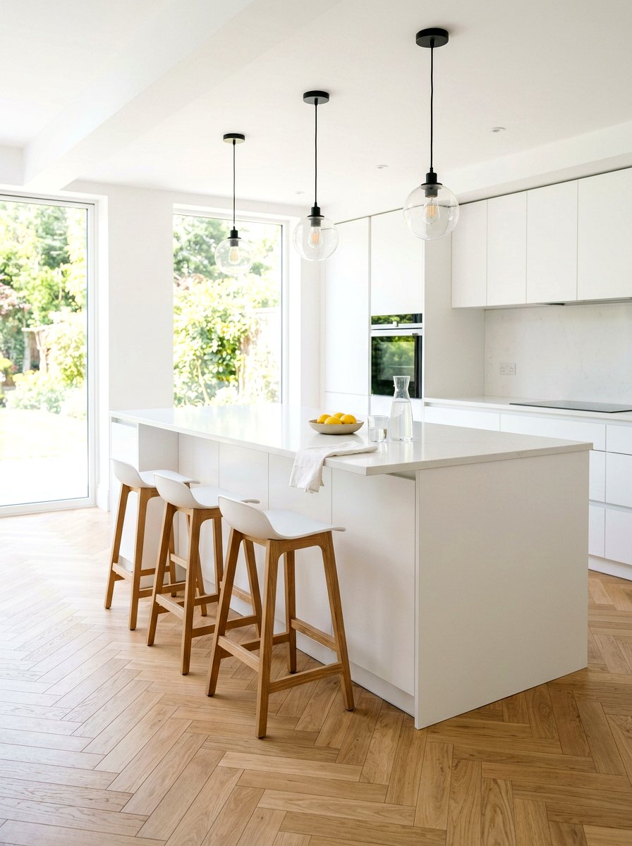 Minimalist All White Island - 30 modern farmhouse kitchen island ideas