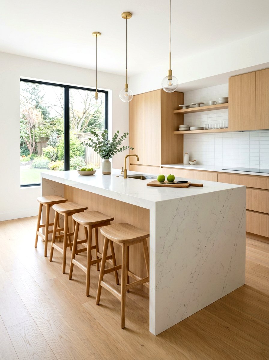 Minimalist Backless Waterfall Island Chairs - 30 waterfall island seating ideas
