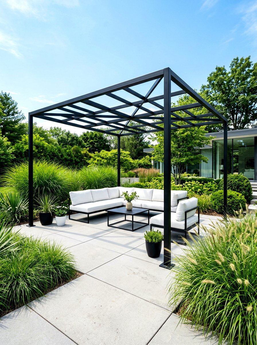 Minimalist Black Metal Pergola - 30 courtyard pergola ideas