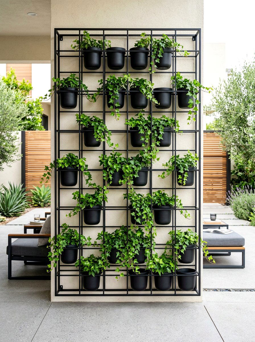 Minimalist Black Metal Plant Grid - 30 vertical garden privacy wall ideas