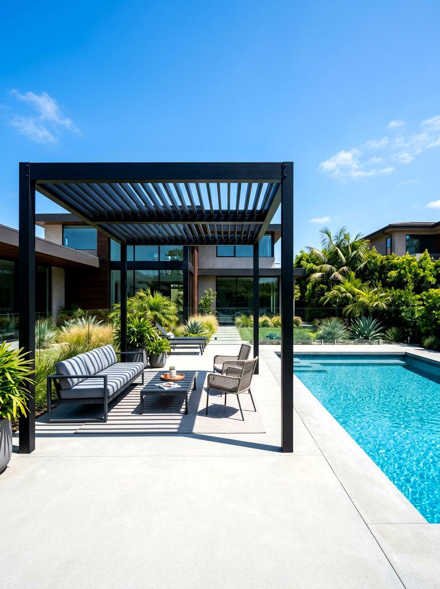 Minimalist Black Pergola - 30 poolside pergola ideas