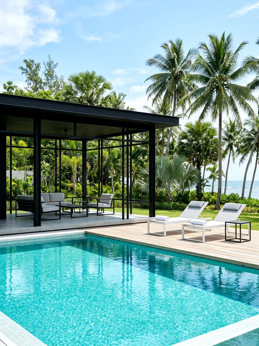 Minimalist Black Pool Pavilion - 30 black pavilion backyard ideas