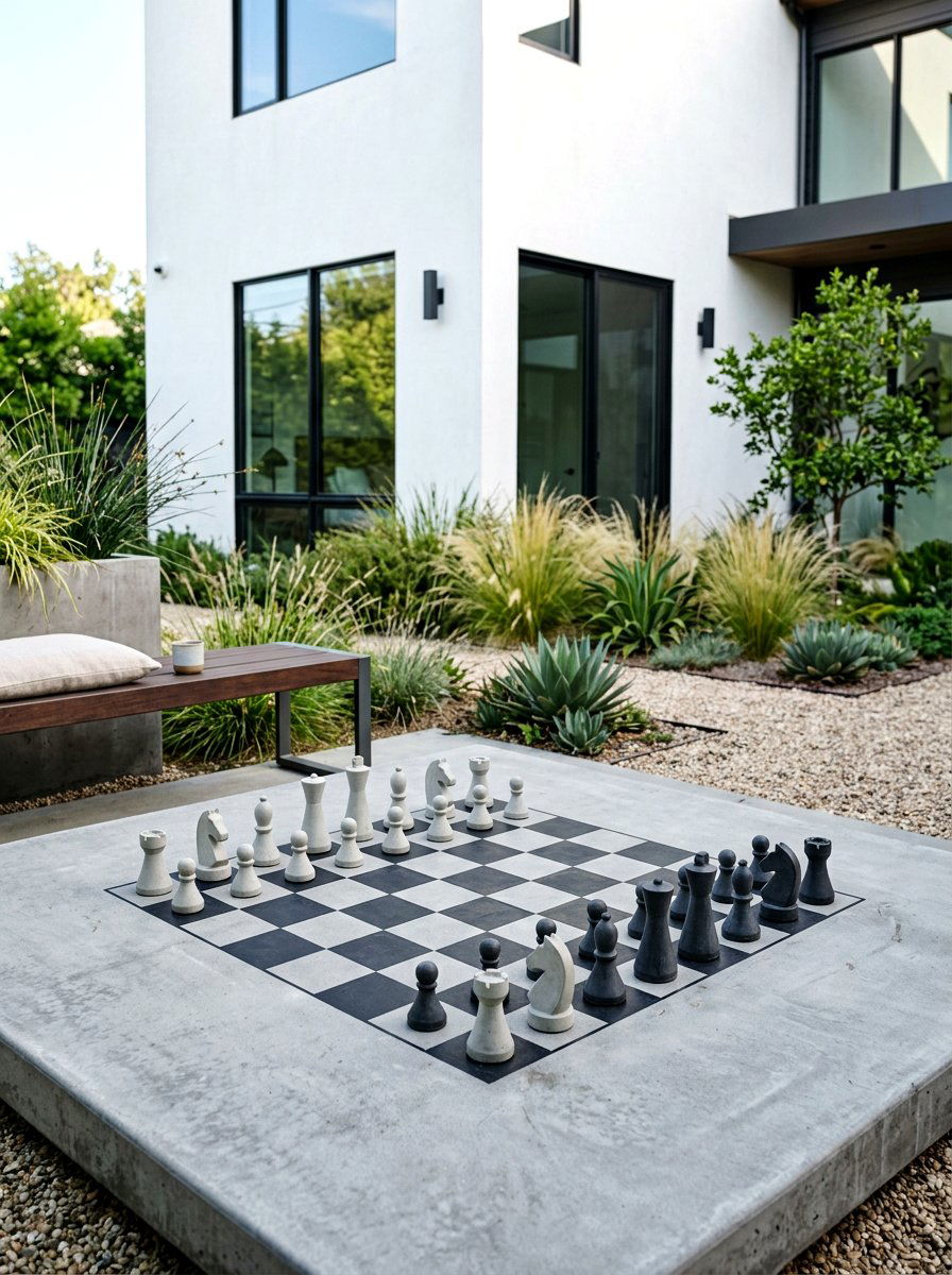 Minimalist Concrete Chess Board - 30 outdoor chess garden ideas