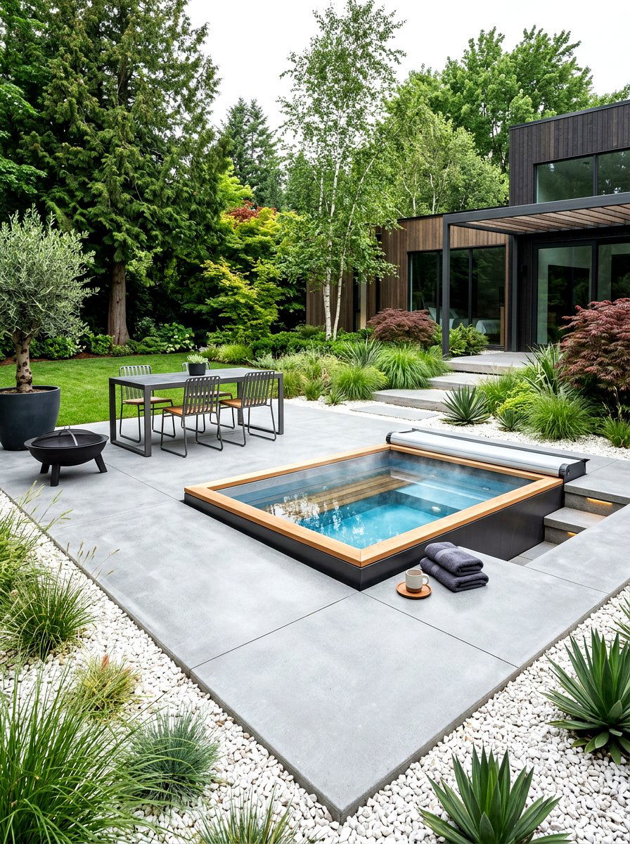 Minimalist Concrete Patio - 30 hot tub patio decor ideas aesthetic
