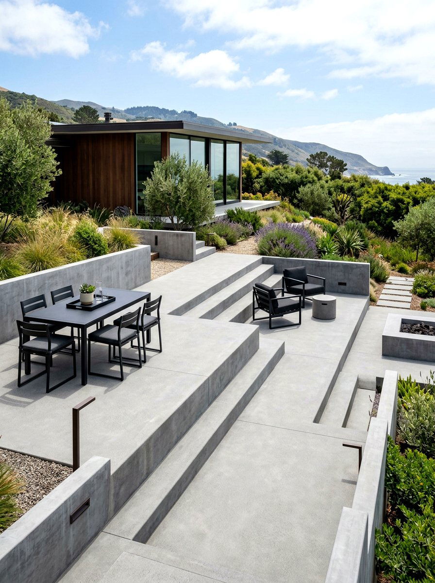 Minimalist Concrete Tiered Patio - 30 slope garden ideas