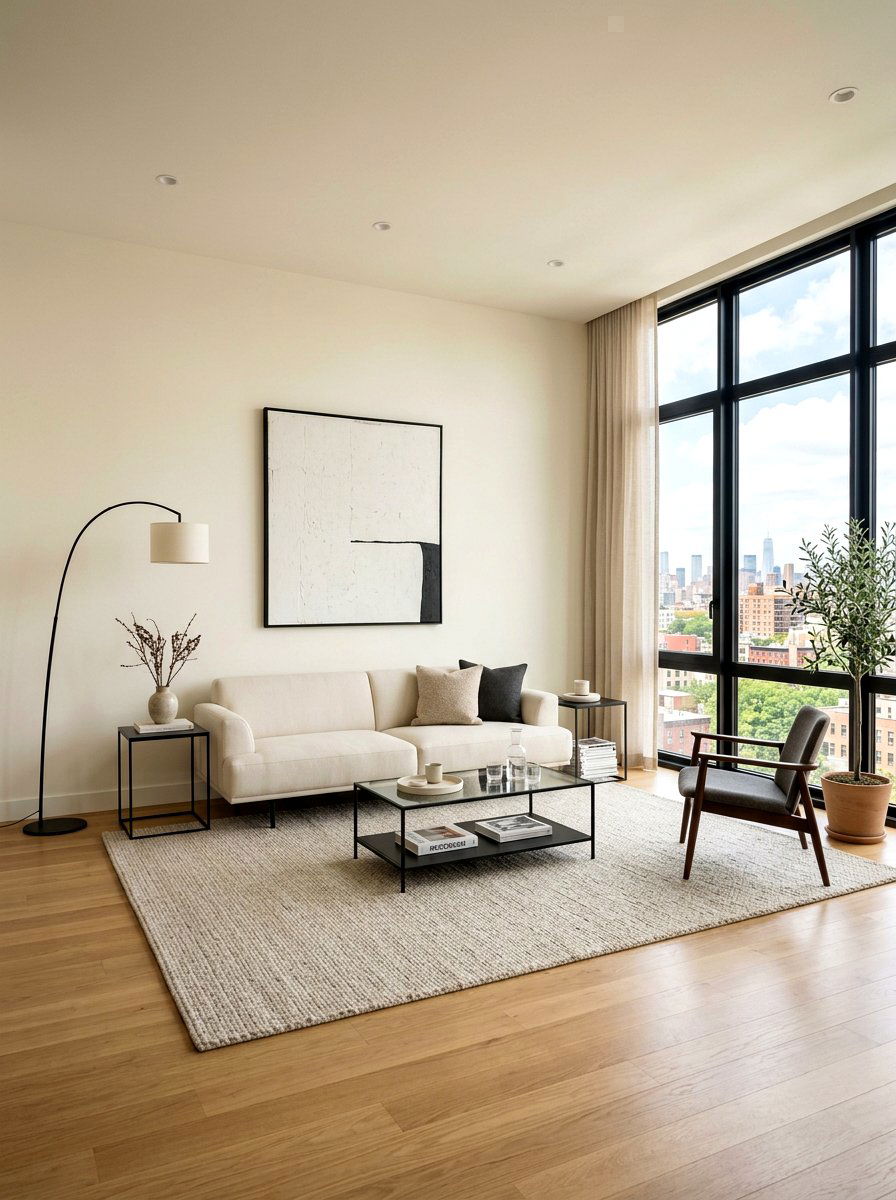 Minimalist Cream Sofa with Black Accents - 30 black and cream living room ideas