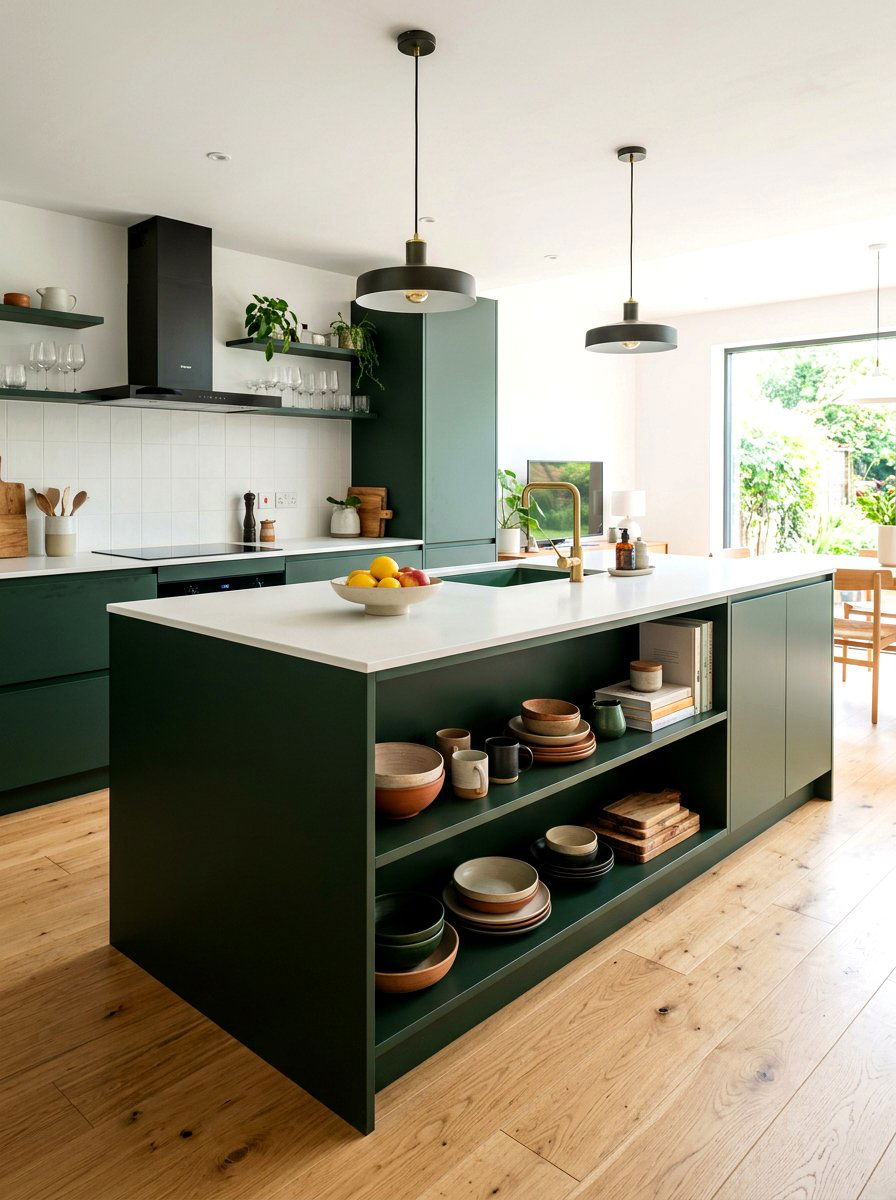 Minimalist Dark Green Island Open Shelving - 30 dark green kitchen island ideas