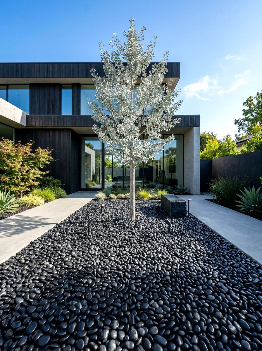 Minimalist Dark Pebble Bed - 30 gravel front yard landscaping ideas