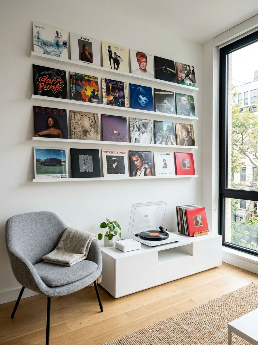 Minimalist Floating Record Shelves - 30 vinyl listening corner ideas