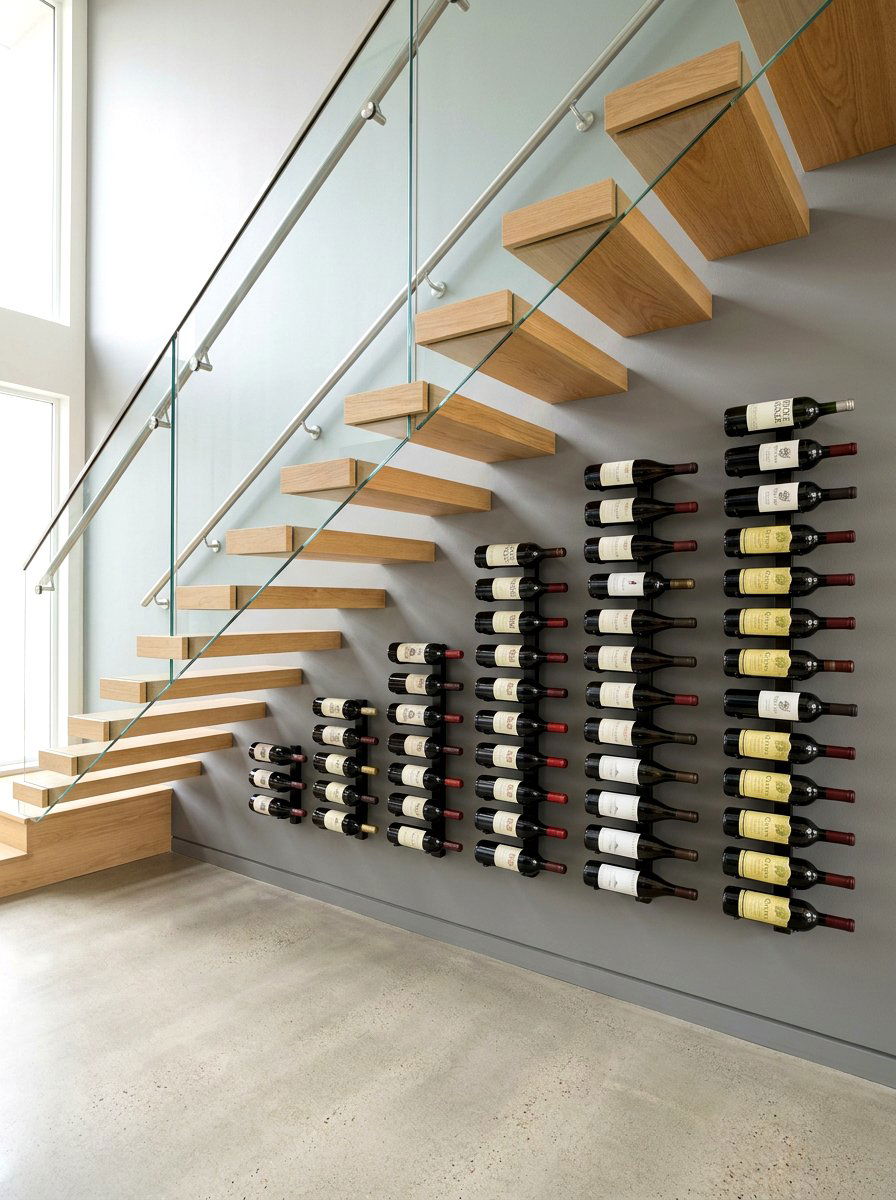 Minimalist Floating Wine Rack - 30 under stairs wine nook ideas