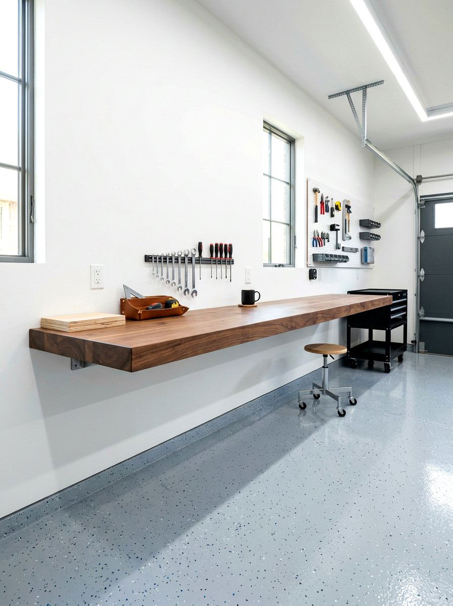Minimalist Floating Workbench - 30 garage workbench ideas