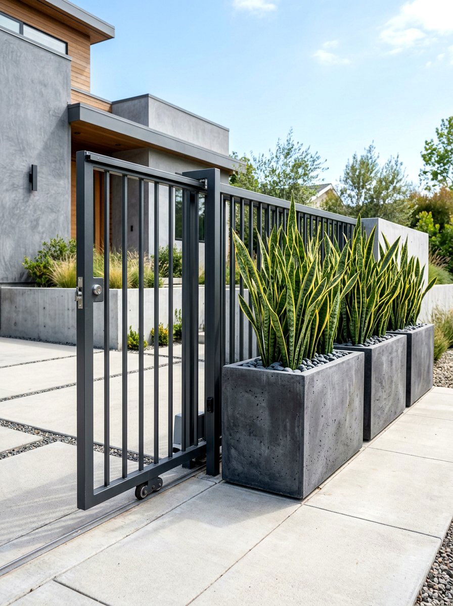 Minimalist Gate With Concrete Planters - 30 driveway gate landscaping ideas