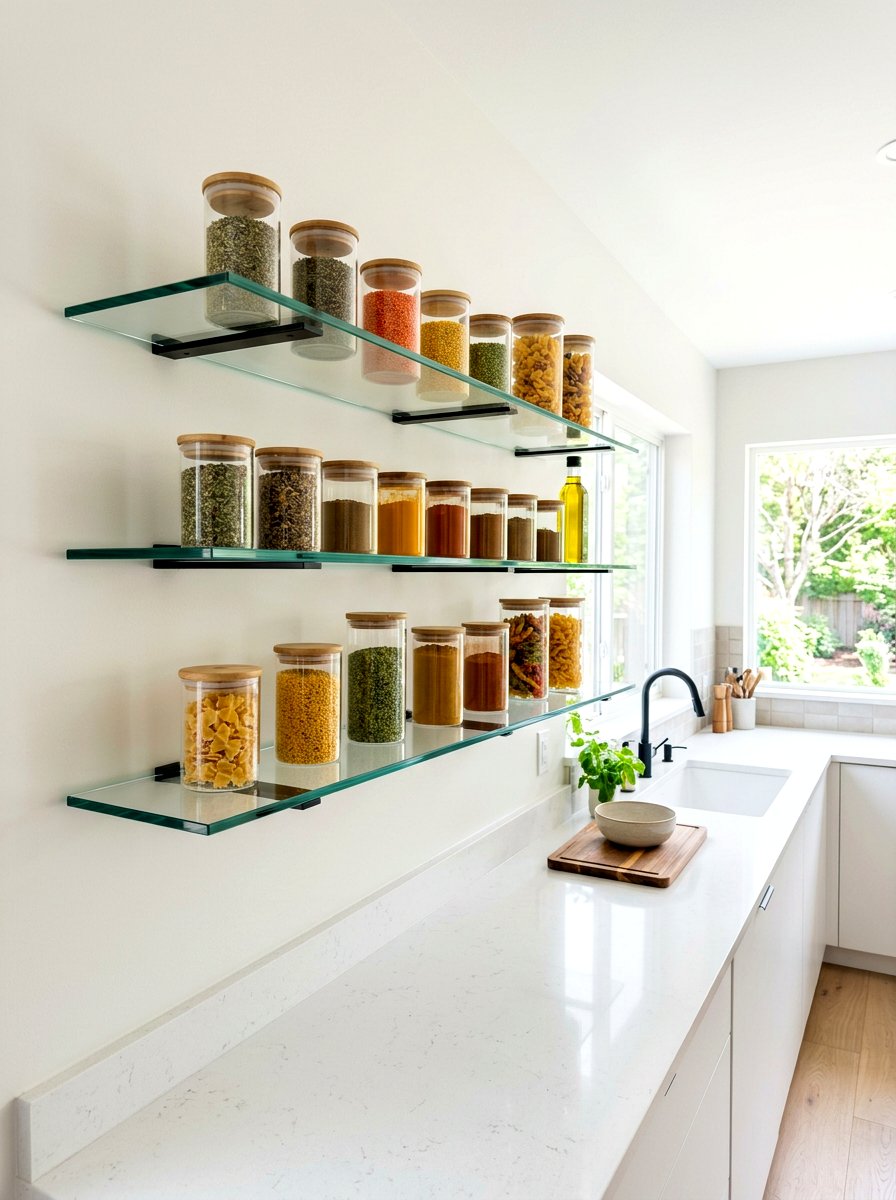 Minimalist Glass Kitchen Shelves - 30 open shelving kitchen decor ideas