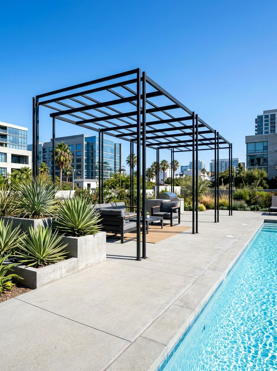 Minimalist Industrial Steel Pergola - 30 poolside pergola lounge ideas