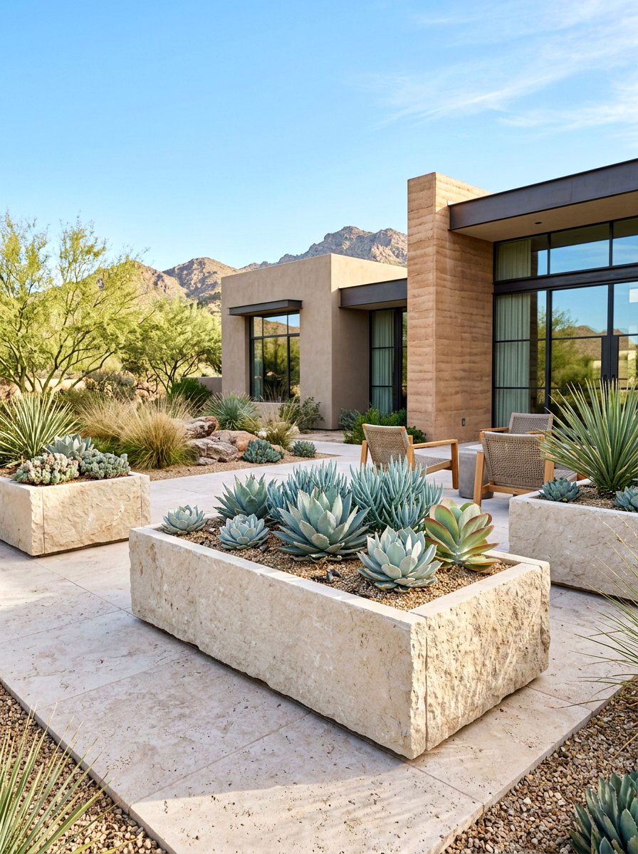 Minimalist Limestone Garden Planters - 30 oversized planter curb appeal ideas