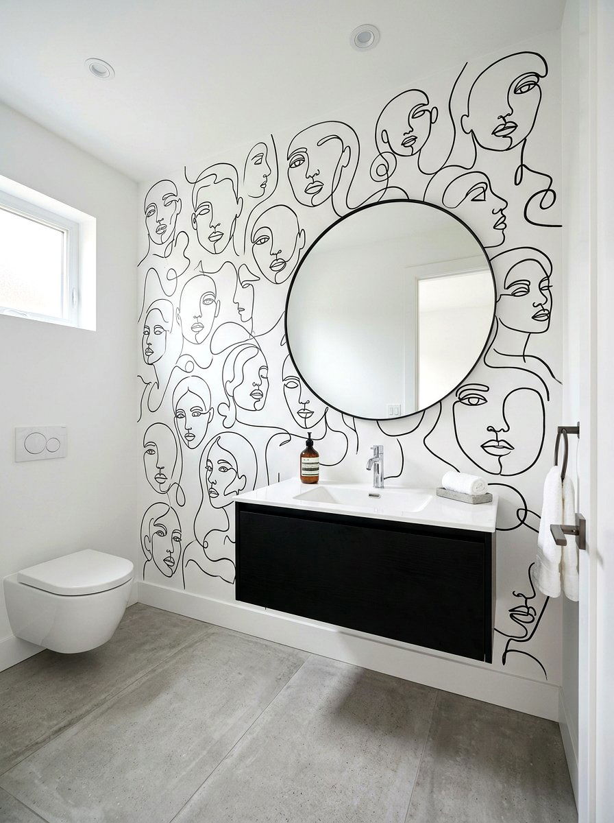 Minimalist Line Art Mural Powder Room - 30 murals in powder room ideas