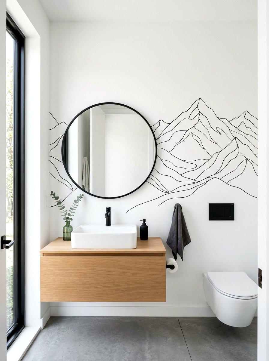 Minimalist Line Art Mural - 30 landscape mural powder room ideas