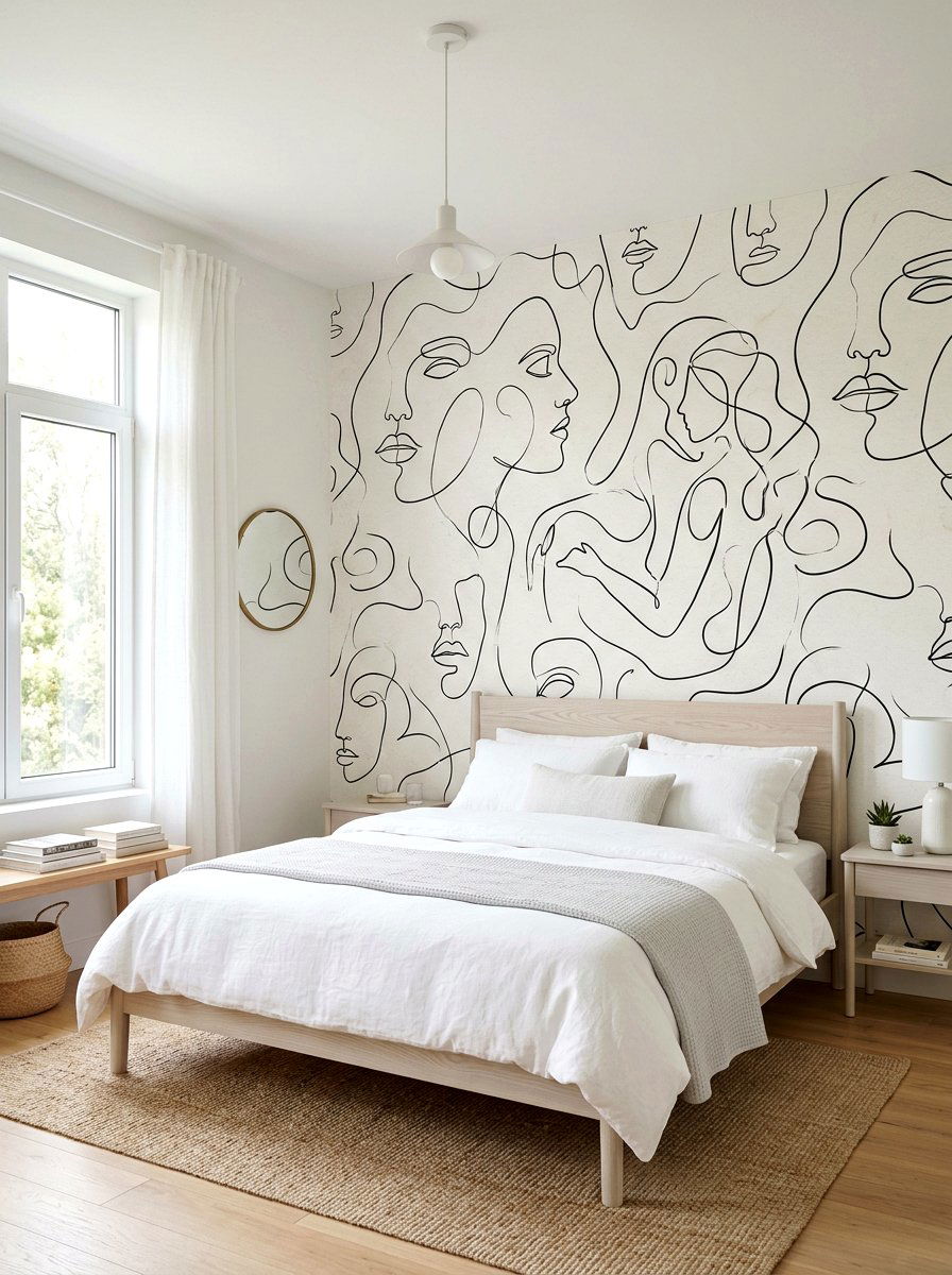 Minimalist Line Art Wallpaper - 30 bedroom wallpaper accent ideas