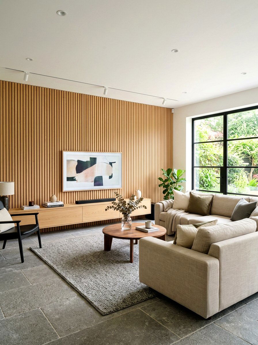 Minimalist Living Room With Wood Slat Panels - 30 minimalist living room ideas