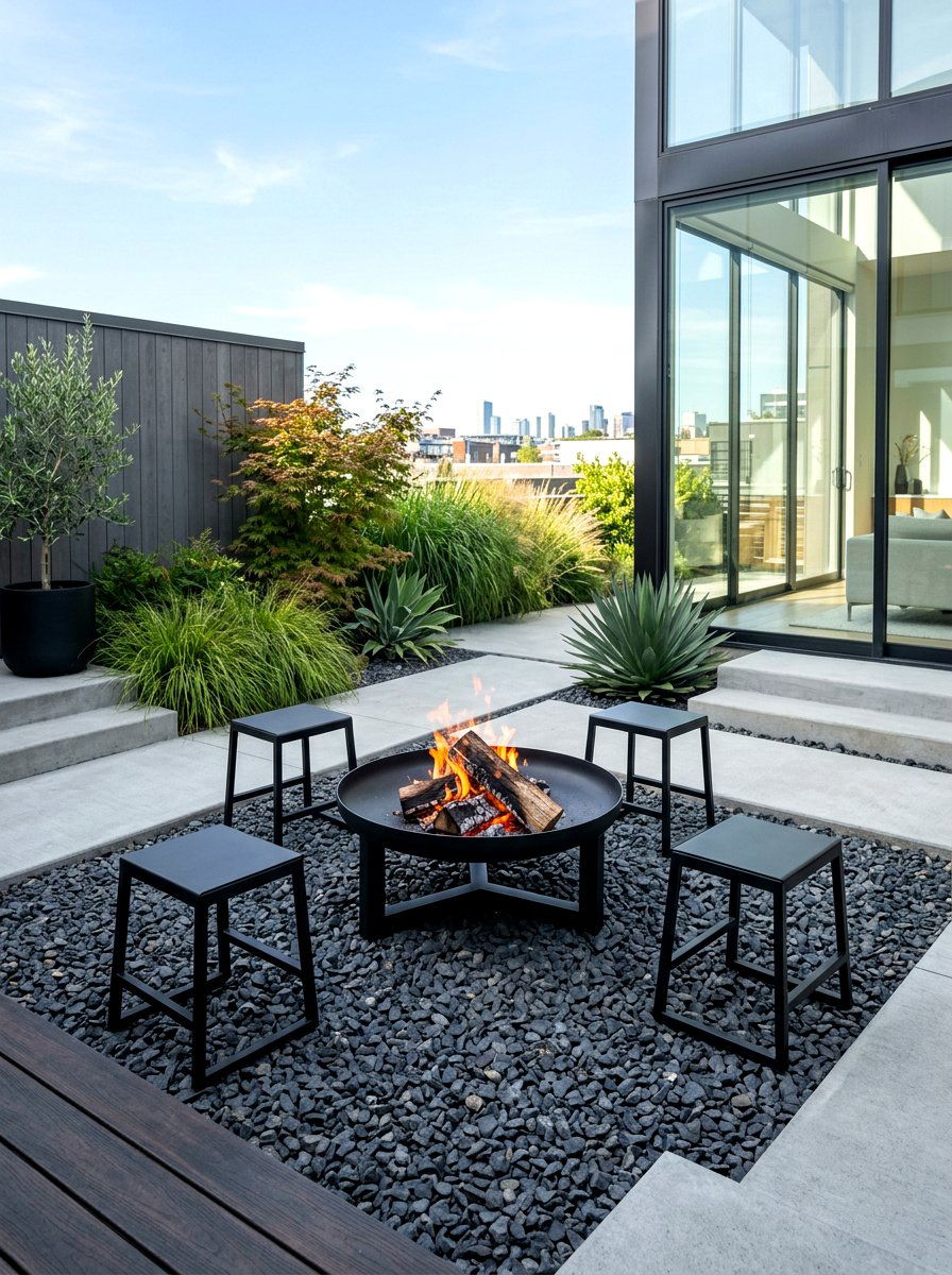 Minimalist Metal Fire Pit On Gravel - 30 fire pit seating ideas