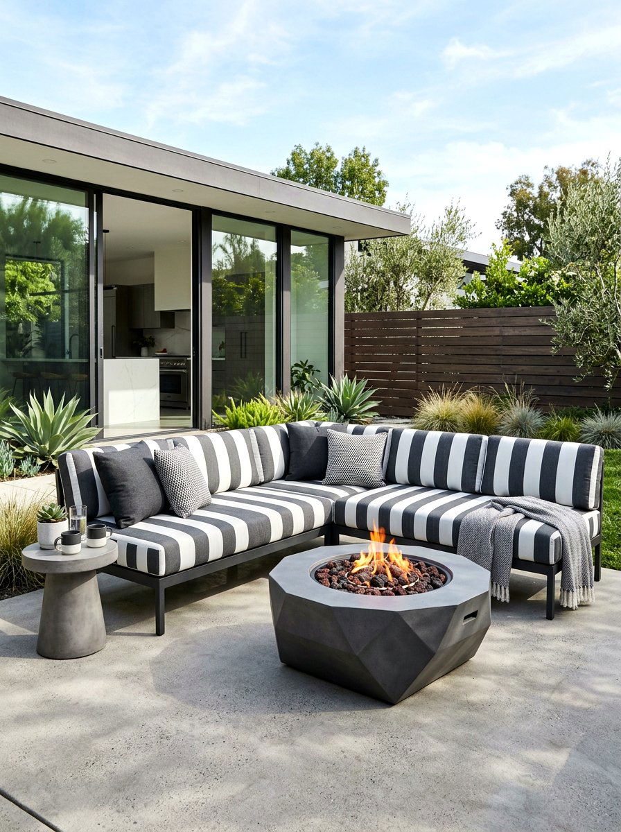 Minimalist Monochrome Backyard Lounge - 30 striped cabana backyard ideas