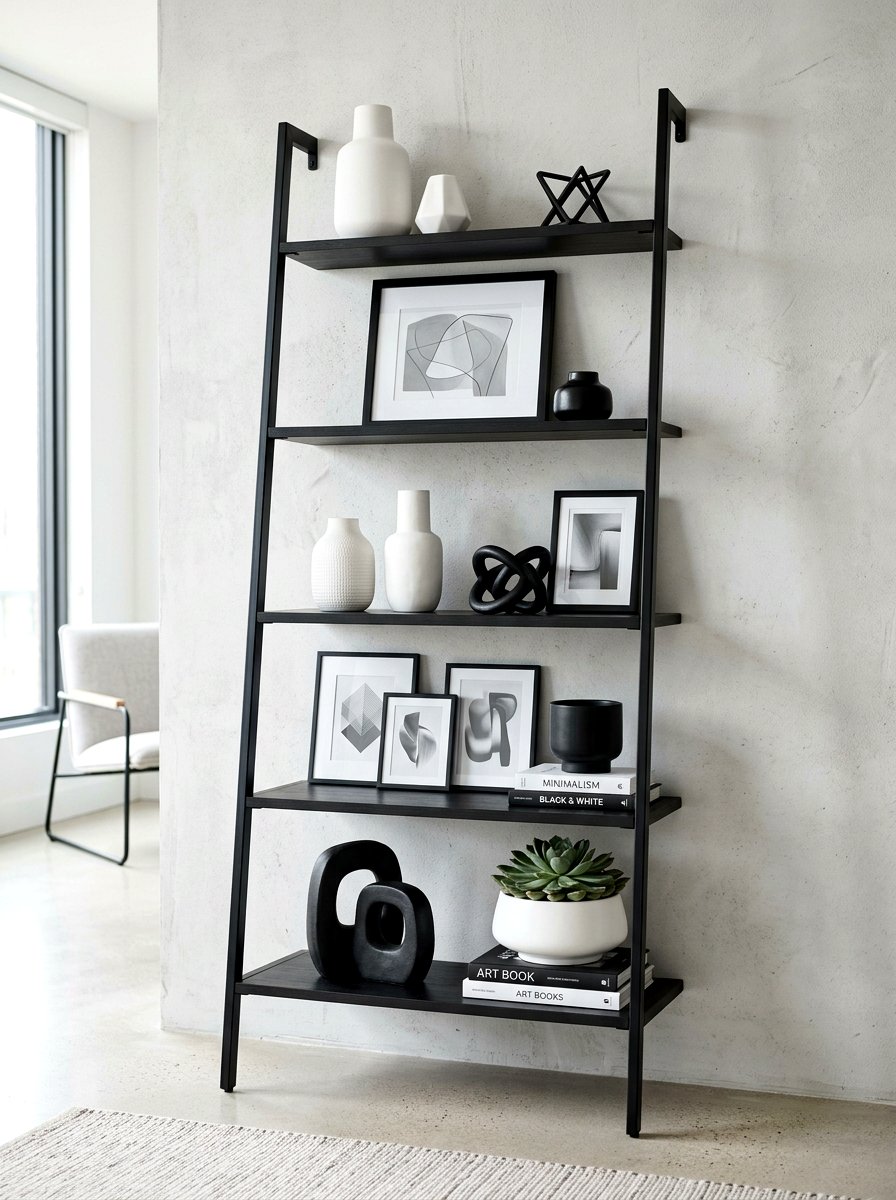 Minimalist Monochrome Display - 30 ladder shelf styling ideas