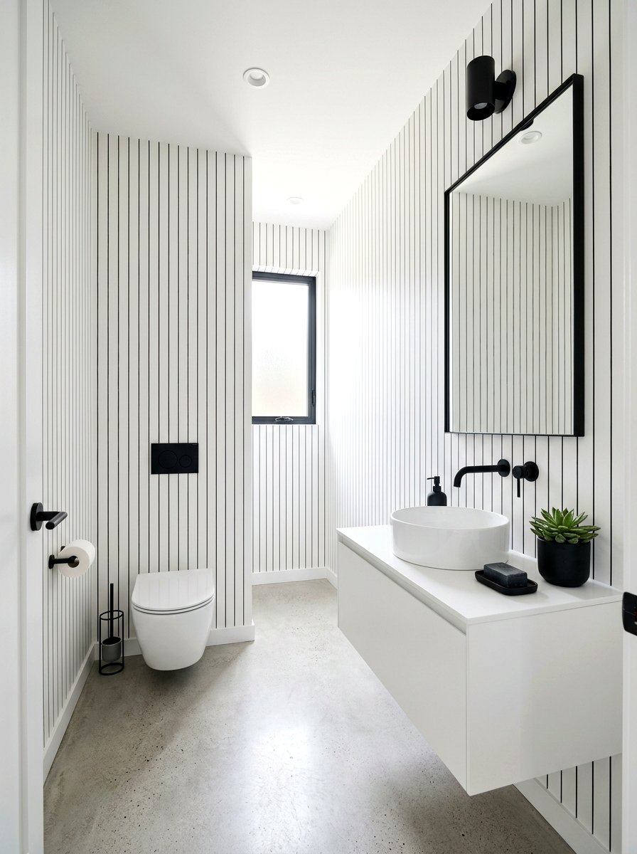 Minimalist Monochrome Thin Stripe Bath - 30 stripe powder bath ideas