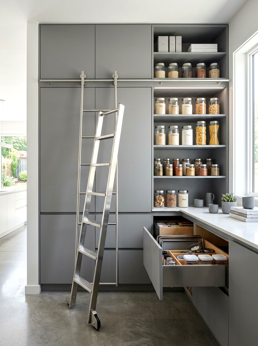 Minimalist Pantry With Stainless Steel Ladder - 30 pantry with library ladder ideas