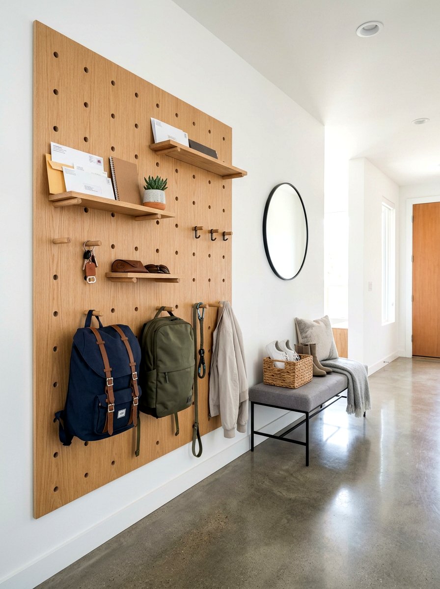 Minimalist Pegboard Entryway System - 30 open mudroom shelving ideas