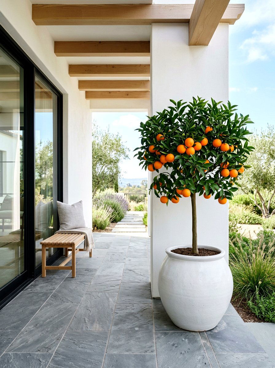 Minimalist Porch With Single Citrus - 30 potted citrus front entry ideas